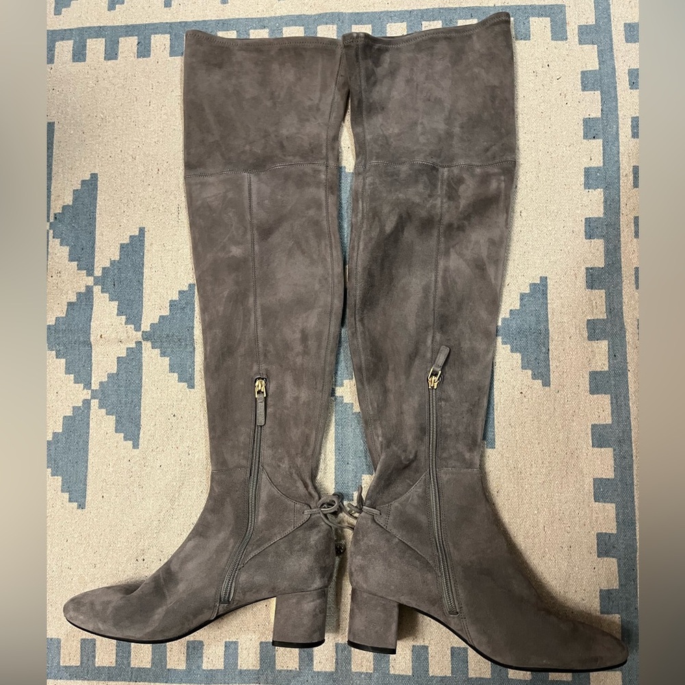 Tory Burch Laila Suede Over the Knee Grey Boots Block Heel Bow Gold Tall Leather - Picture 5 of 16